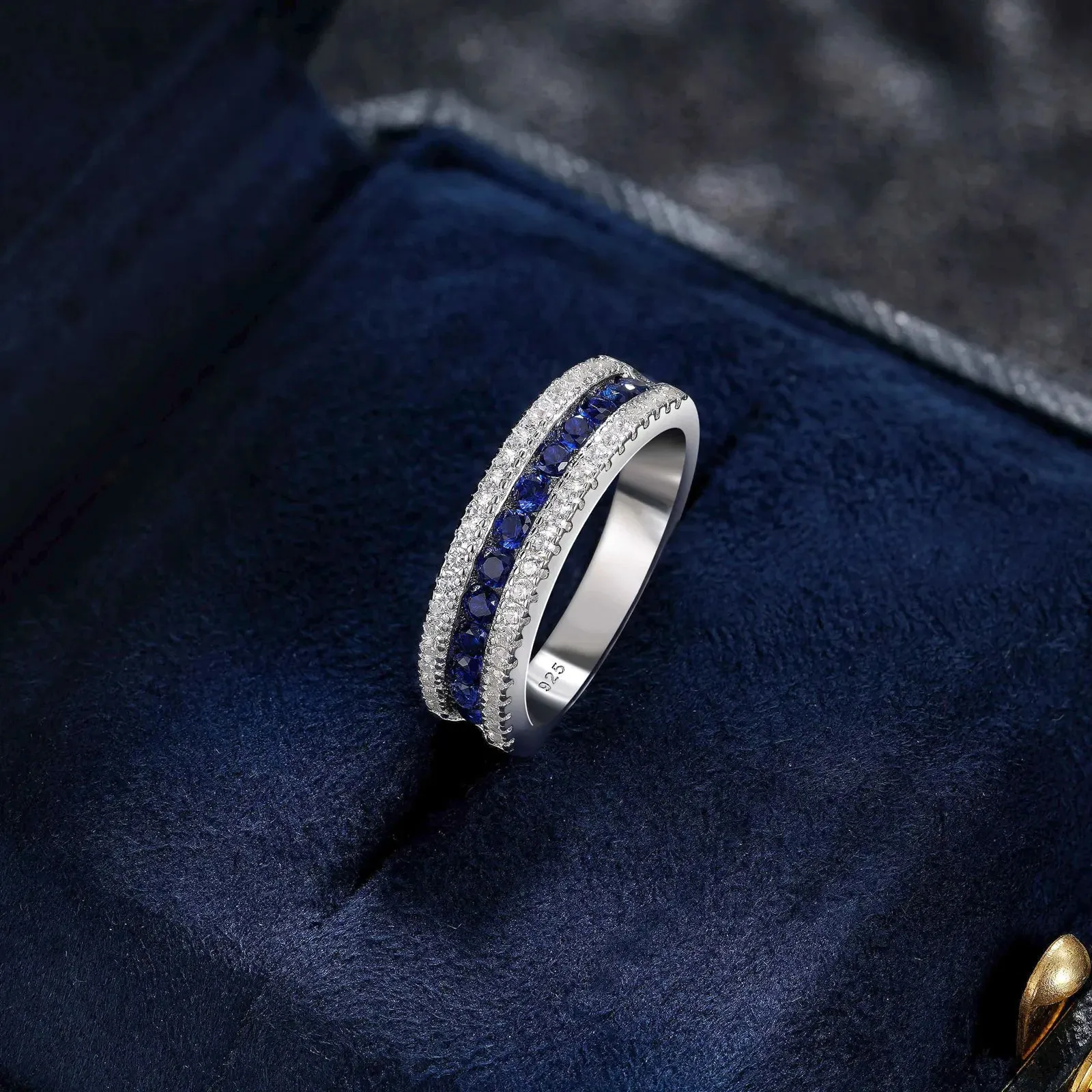 Round Sapphire Half Eternity Wedding Band with Diamond