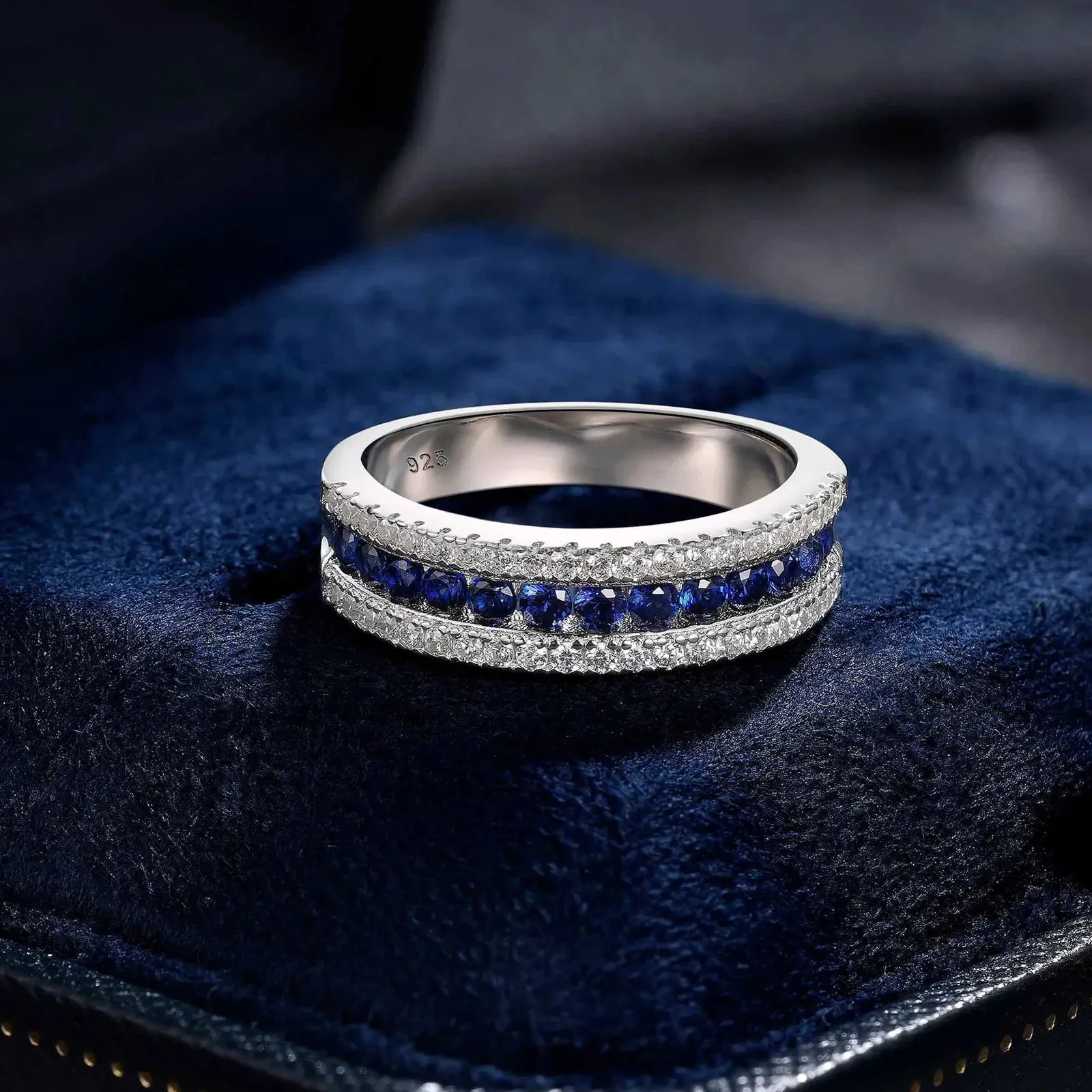 Round Sapphire Half Eternity Wedding Band with Diamond