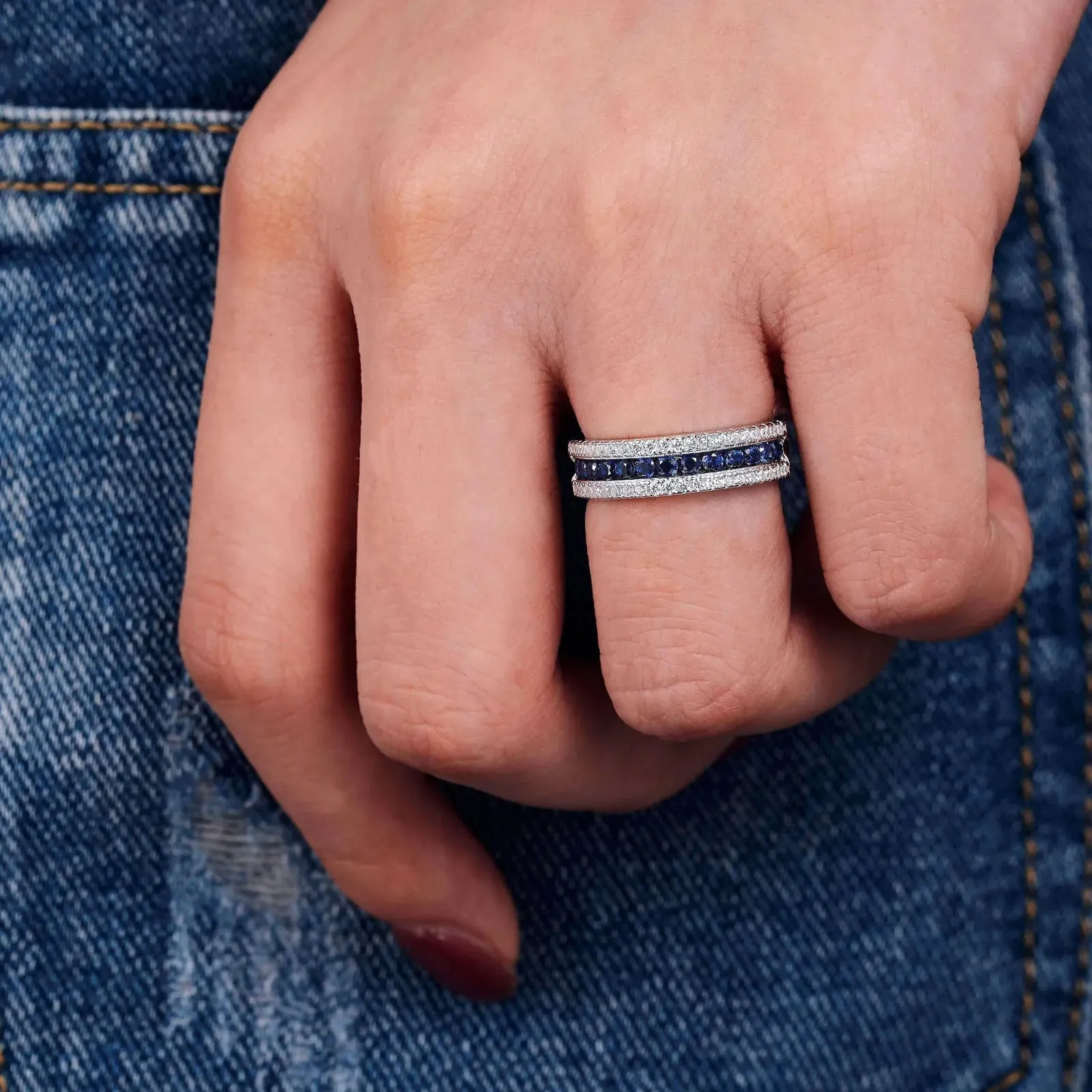 Round Sapphire Half Eternity Wedding Band with Diamond