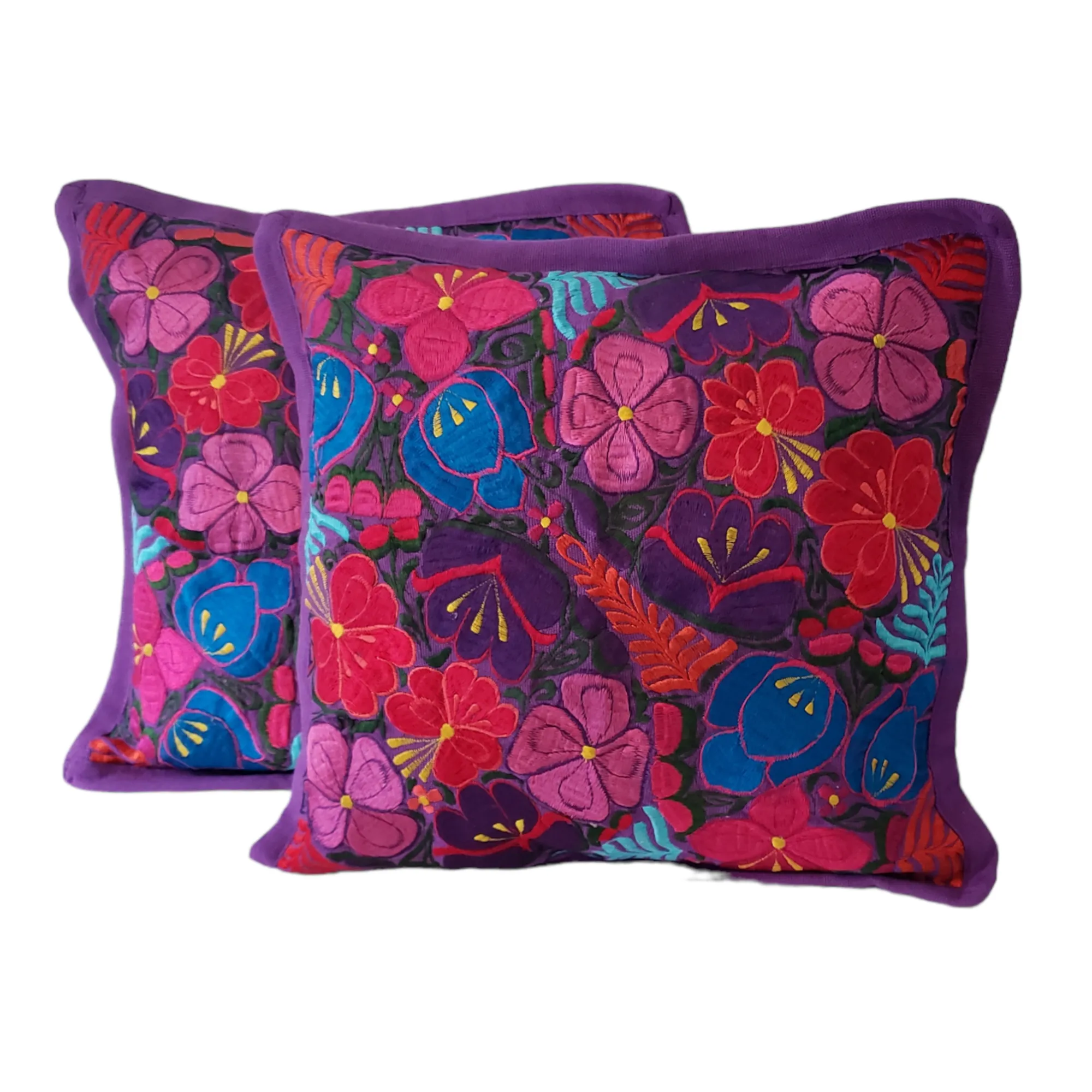 Set of 2 Mexican Pillow Covers Oaxaca Handmade Floral Embroidered Decorative Pillow Case 19"x19"
