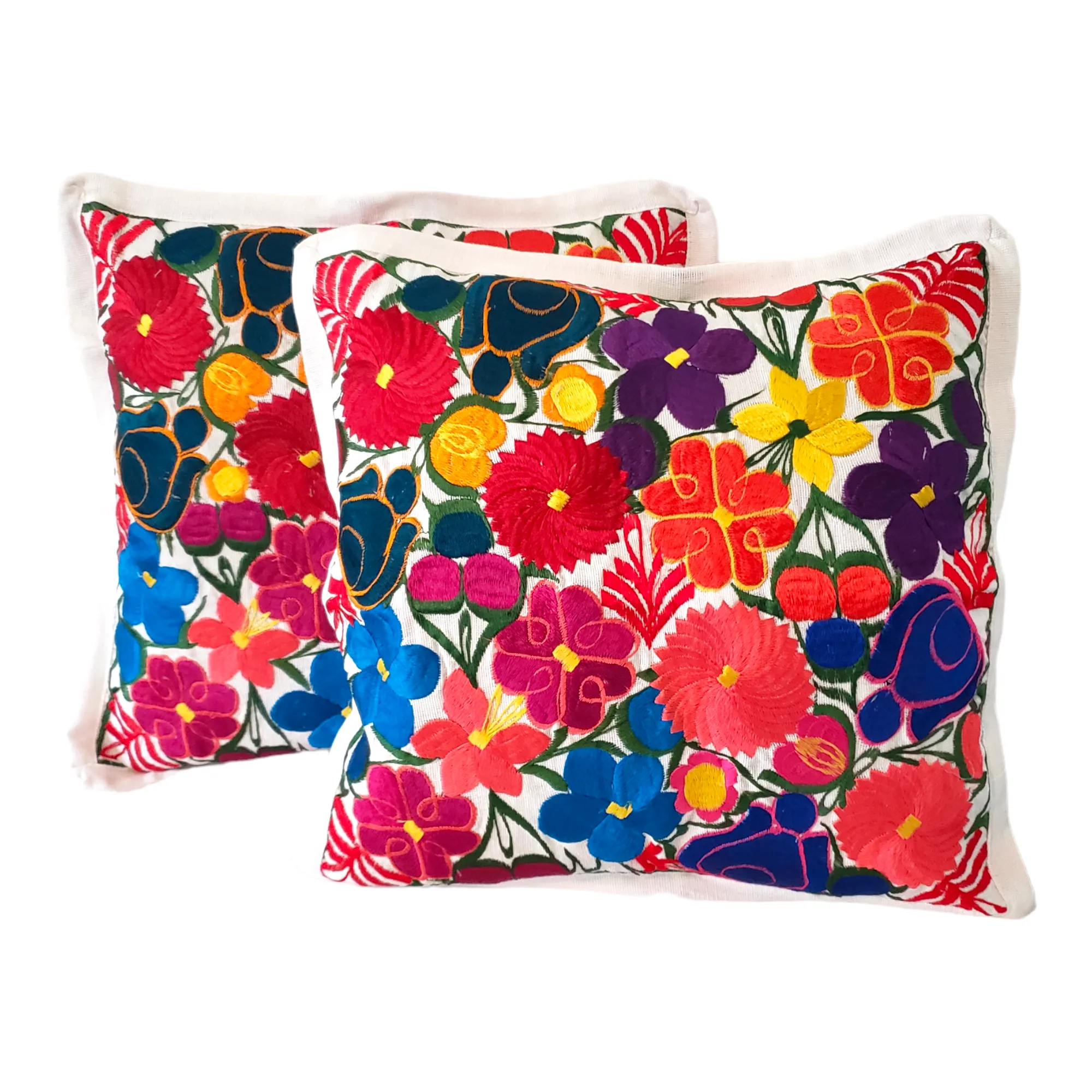 Set of 2 Mexican Pillow Covers Oaxaca Handmade Floral Embroidered Decorative Pillow Case 19"x19"