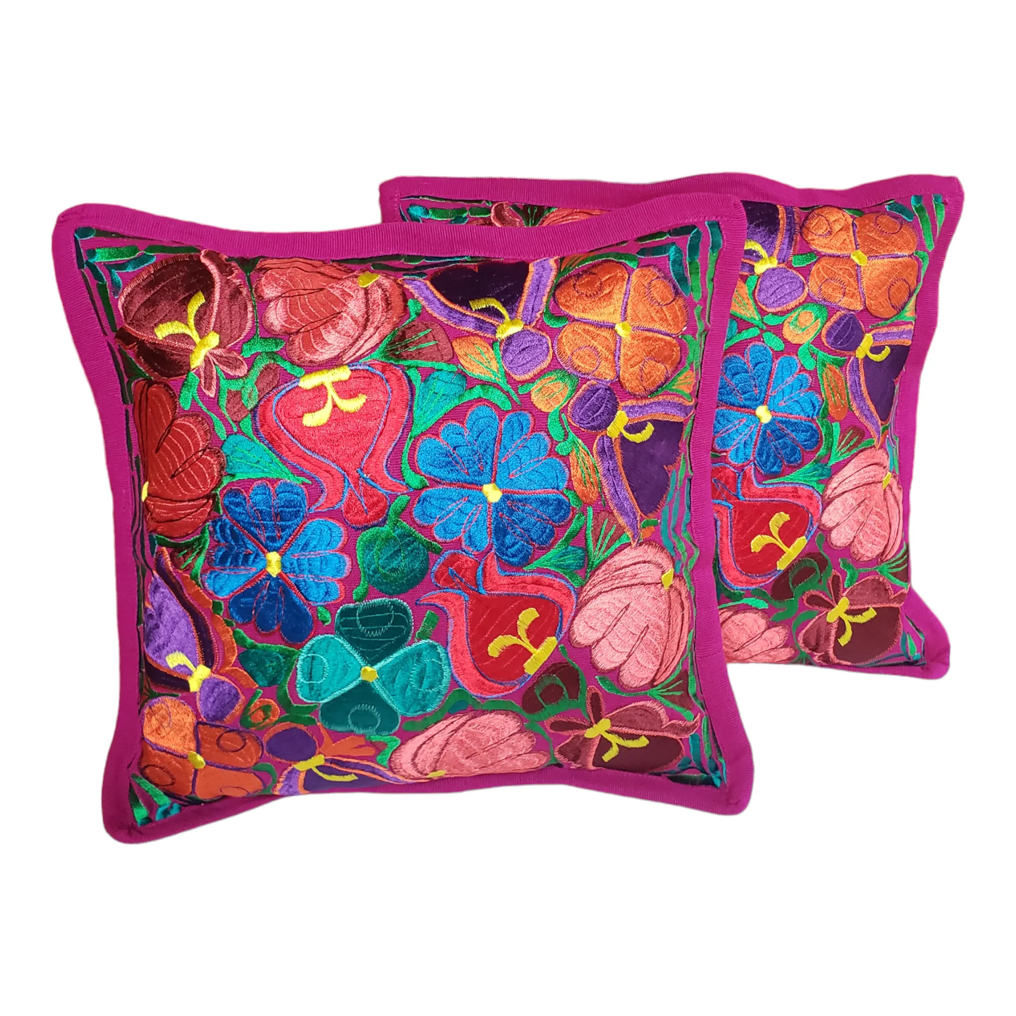 Set of 2 Mexican Pillow Covers Oaxaca Handmade Floral Embroidered Decorative Pillow Case 19"x19"
