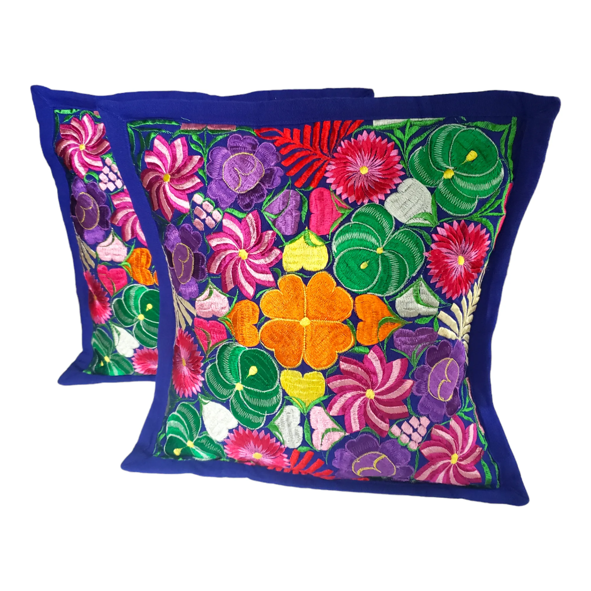 Set of 2 Mexican Pillow Covers Oaxaca Handmade Floral Embroidered Decorative Pillow Case 19"x19"