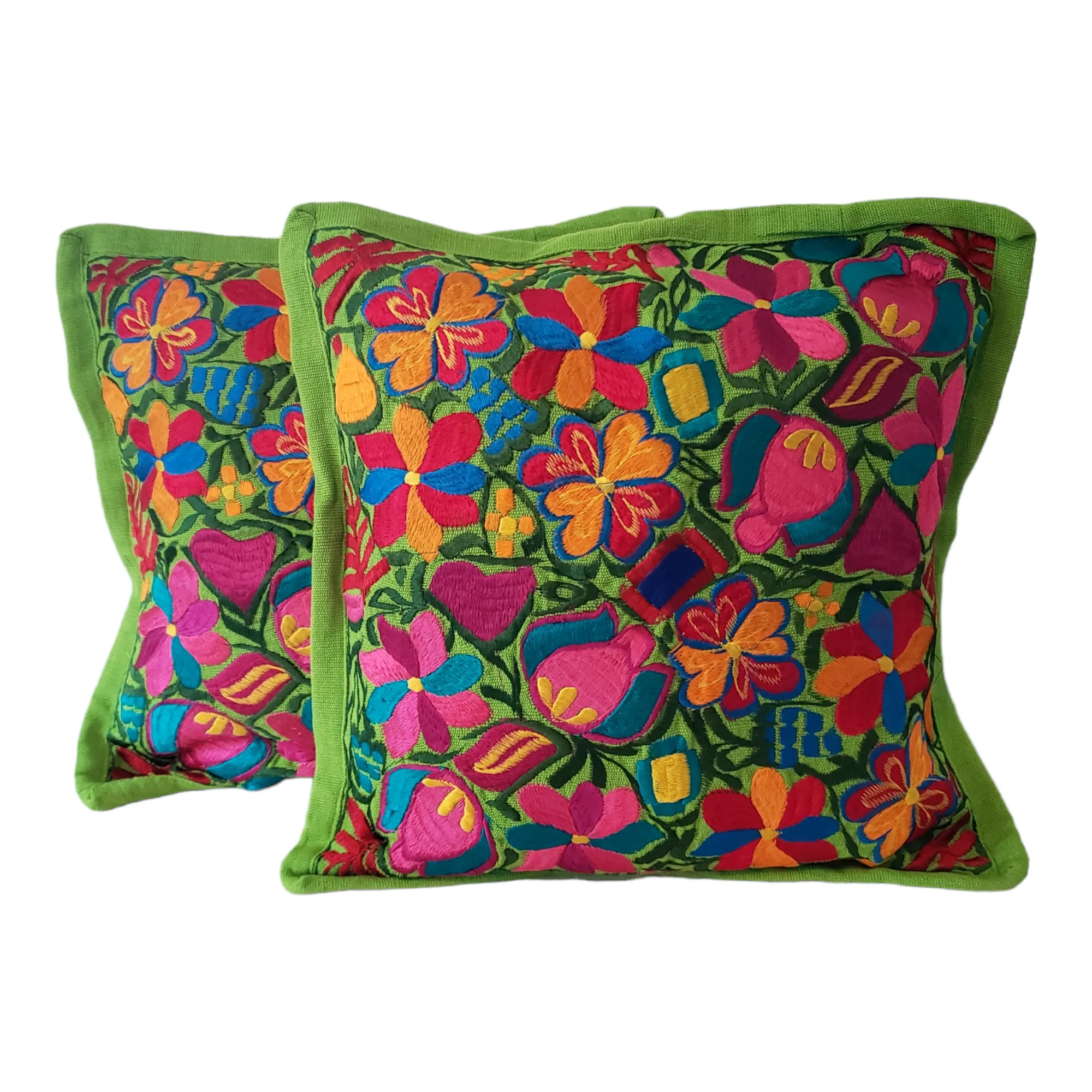 Set of 2 Mexican Pillow Covers Oaxaca Handmade Floral Embroidered Decorative Pillow Case 19"x19"