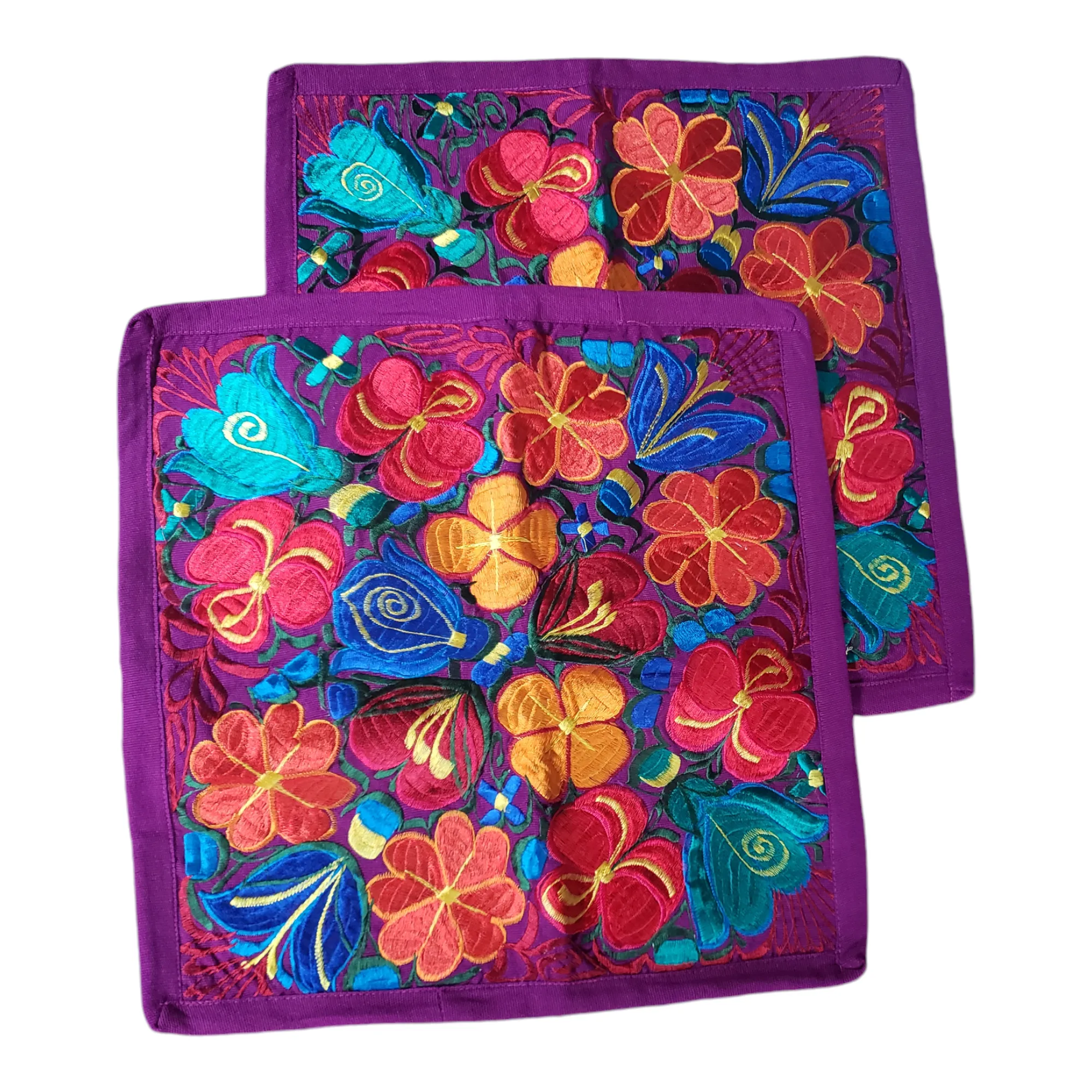 Set of 2 Mexican Pillow Covers Oaxaca Handmade Floral Embroidered Decorative Pillow Case 19"x19"