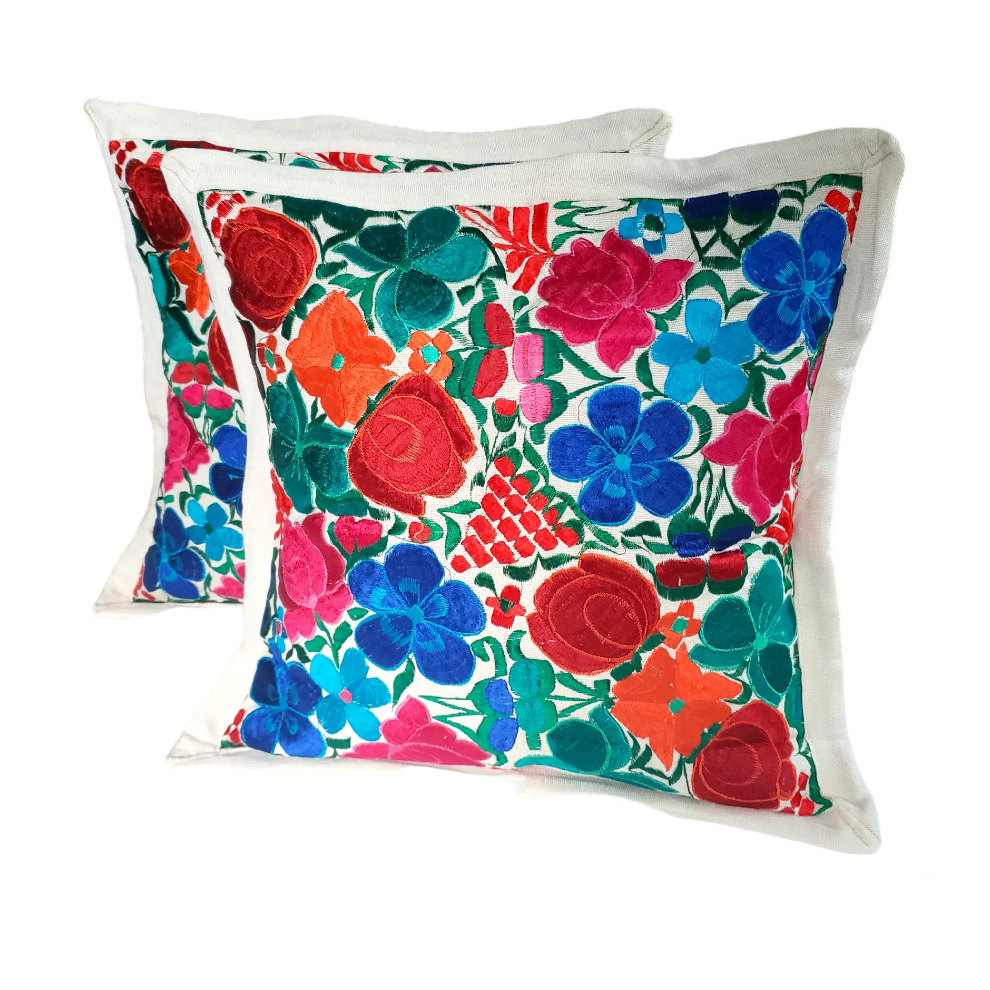 Set of 2 Mexican Pillow Covers Oaxaca Handmade Floral Embroidered Decorative Pillow Case 19"x19"