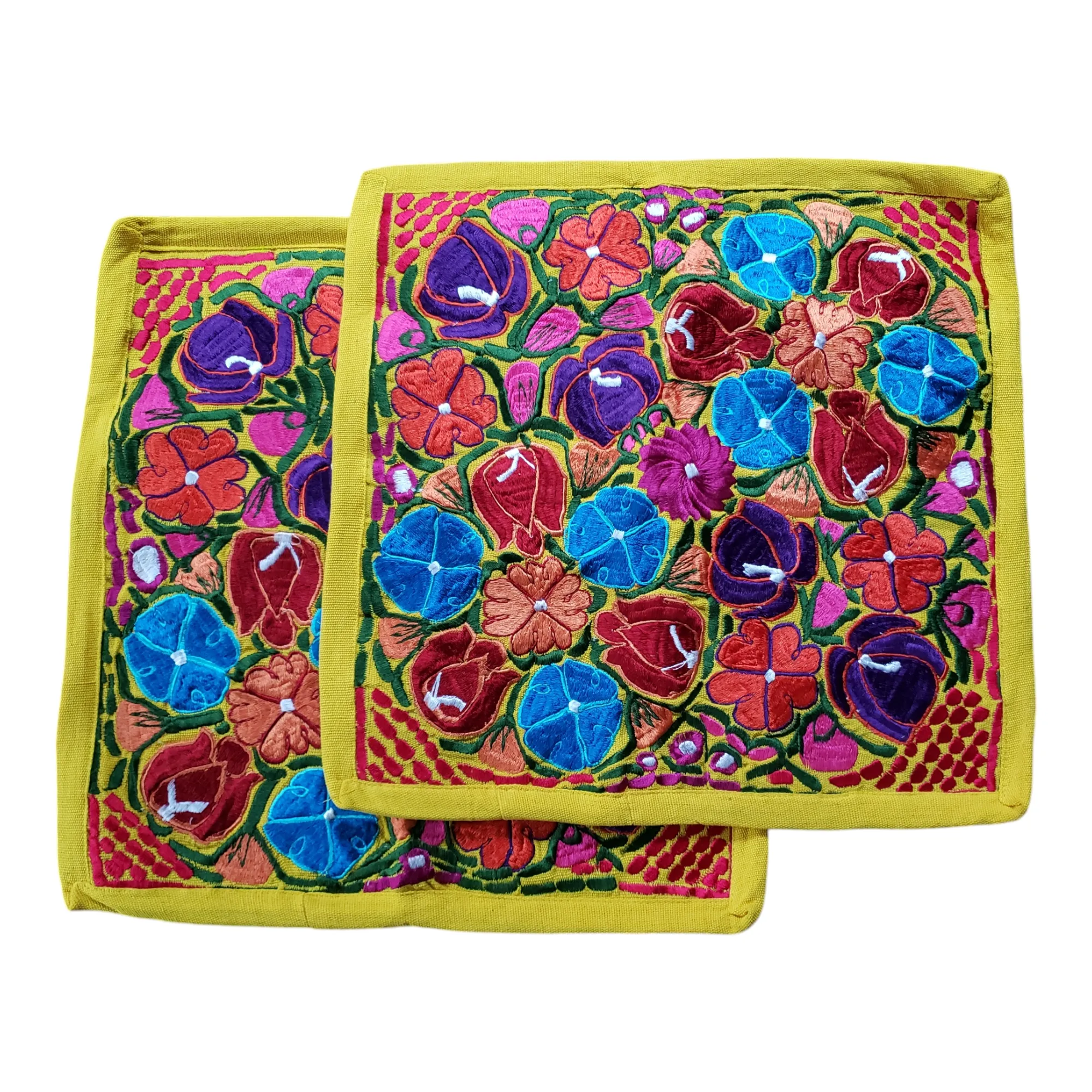 Set of 2 Mexican Pillow Covers Oaxaca Handmade Floral Embroidered Decorative Pillow Case 19"x19"