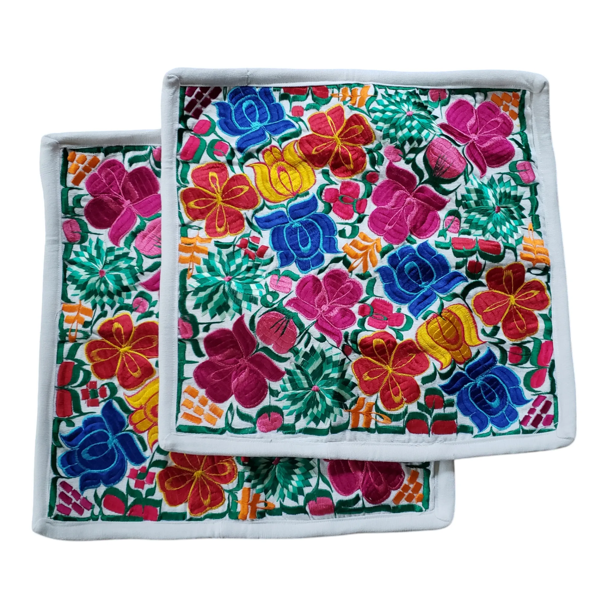 Set of 2 Mexican Pillow Covers Oaxaca Handmade Floral Embroidered Decorative Pillow Case 19"x19"
