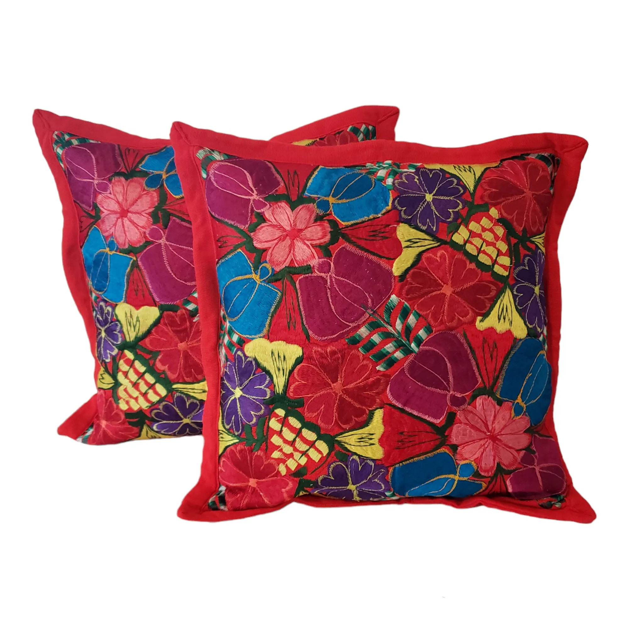 Set of 2 Mexican Pillow Covers Oaxaca Handmade Floral Embroidered Decorative Pillow Case 19"x19"