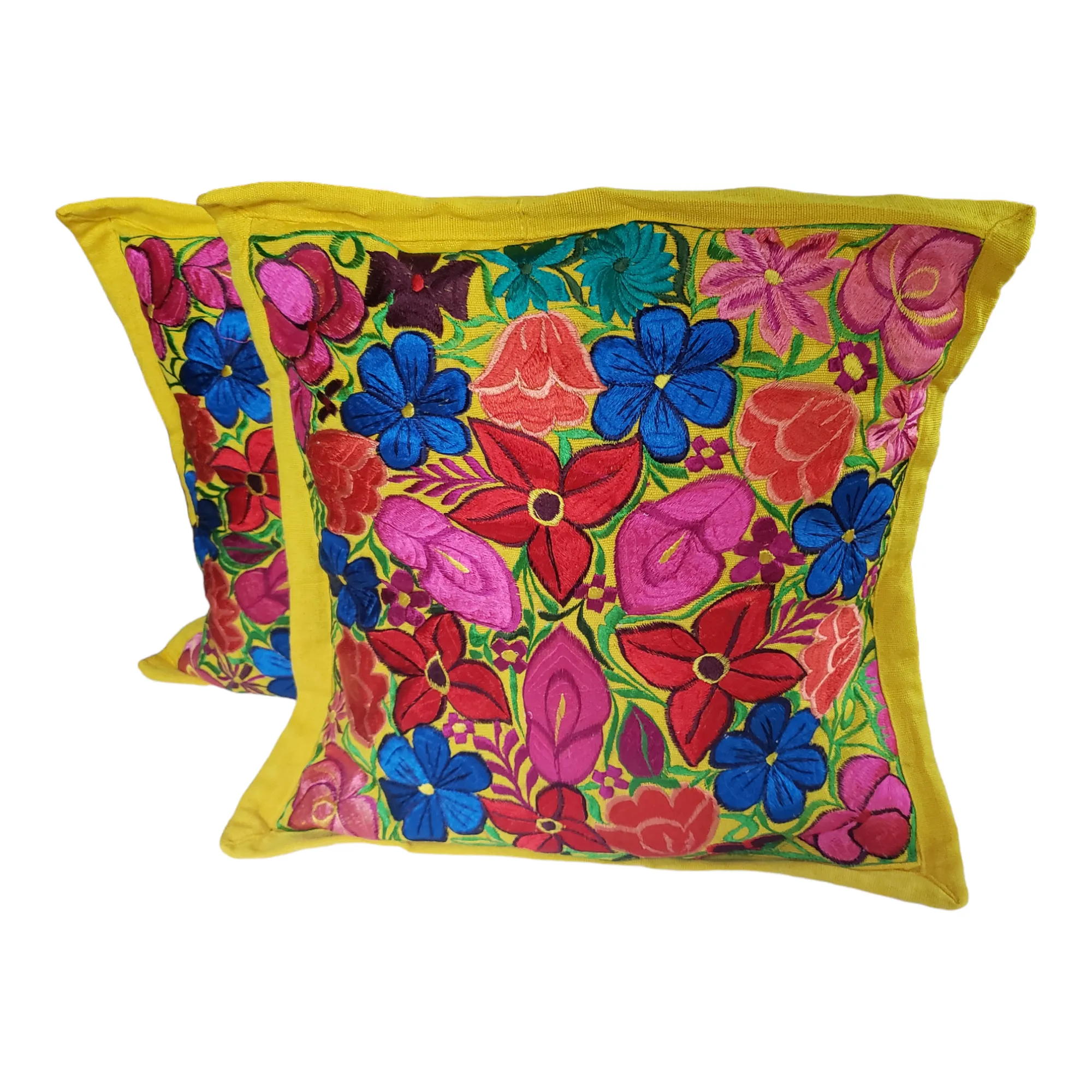 Set of 2 Mexican Pillow Covers Oaxaca Handmade Floral Embroidered Decorative Pillow Case 19"x19"