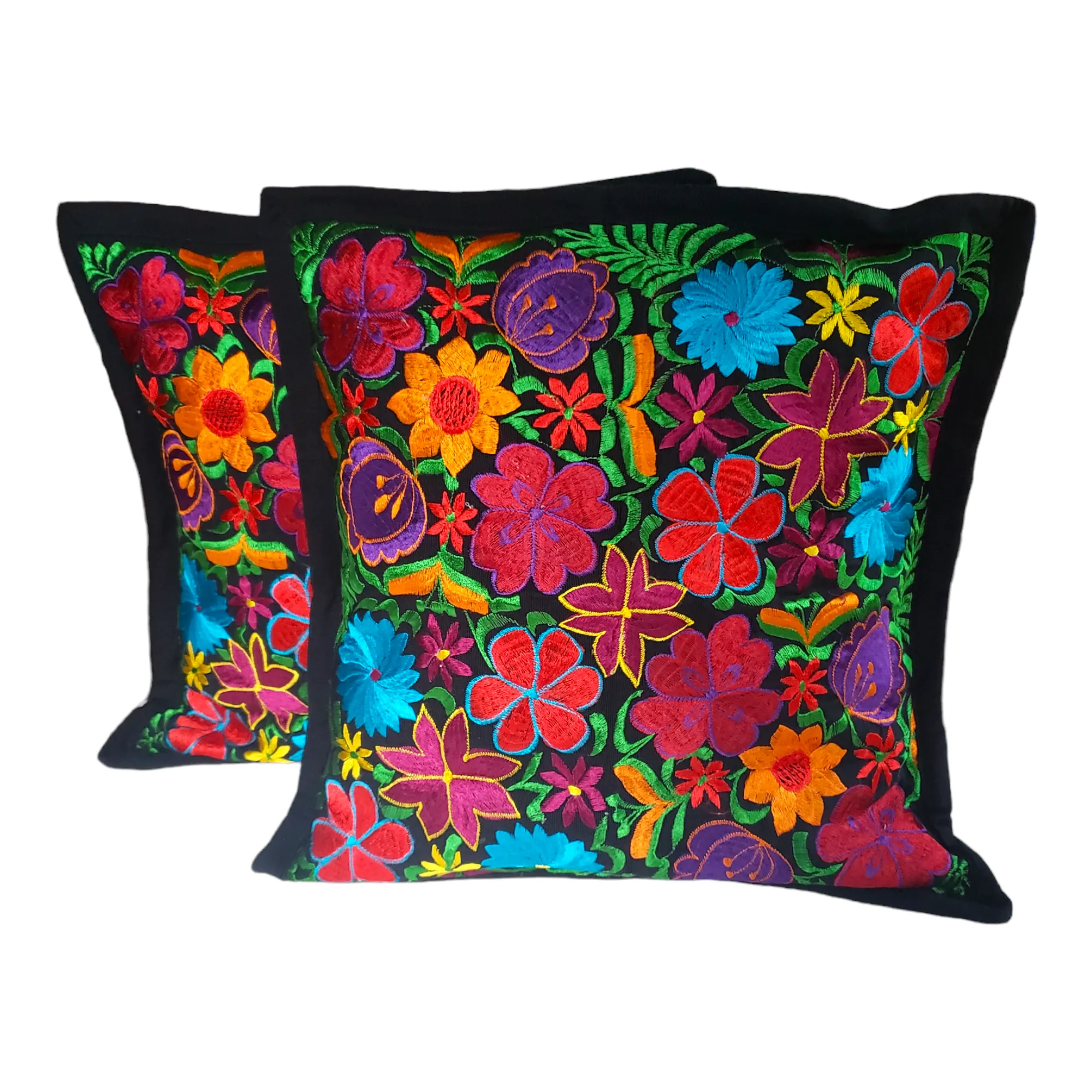 Set of 2 Mexican Pillow Covers Oaxaca Handmade Floral Embroidered Decorative Pillow Case 19"x19"