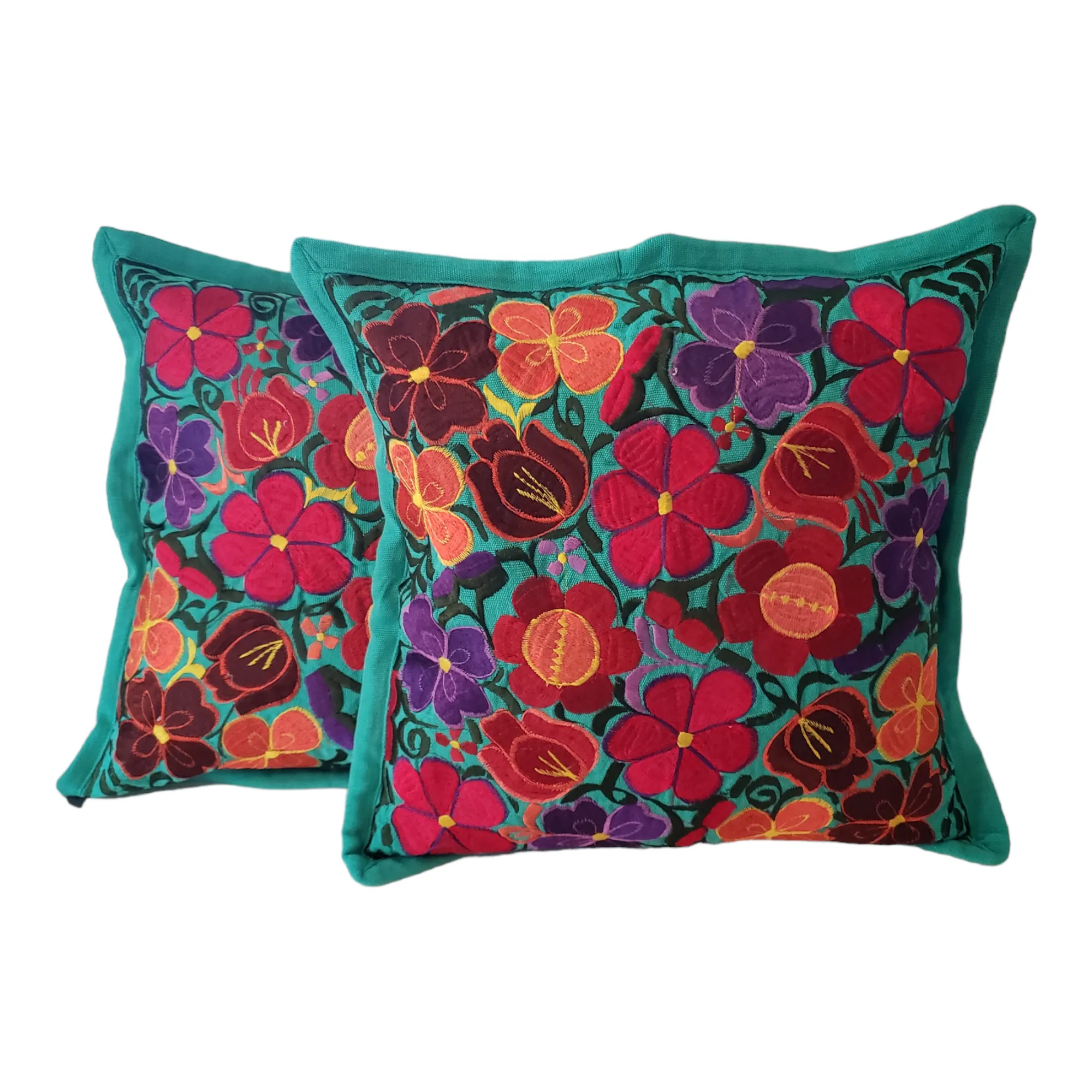 Set of 2 Mexican Pillow Covers Oaxaca Handmade Floral Embroidered Decorative Pillow Case 19"x19"