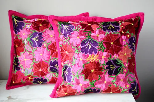Set of 2 Mexican Pillow Covers Oaxaca Handmade Floral Embroidered Decorative Pillow Case 19"x19"