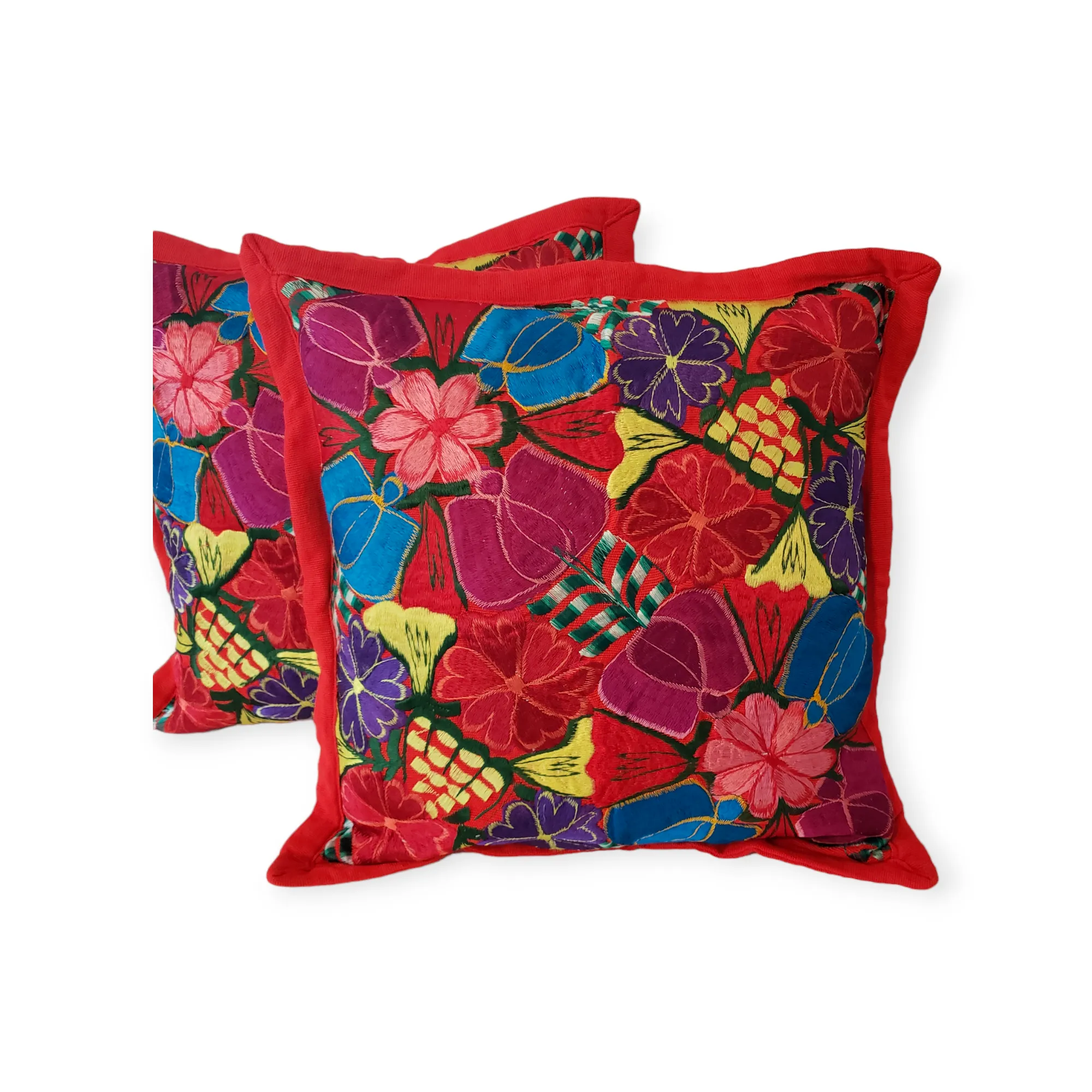 Set of 2 Mexican Pillow Covers Oaxaca Handmade Floral Embroidered Decorative Pillow Case 19"x19"