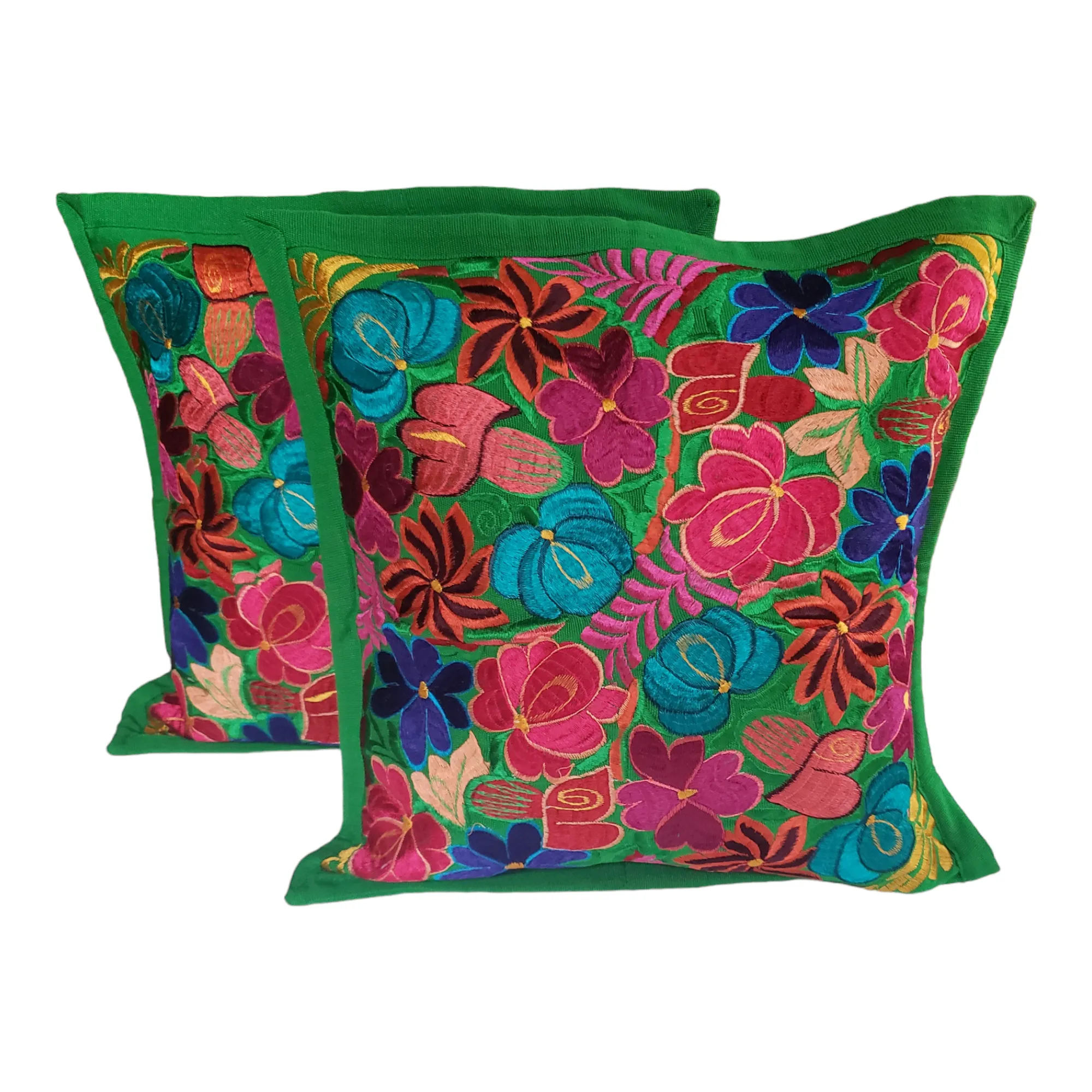 Set of 2 Mexican Pillow Covers Oaxaca Handmade Floral Embroidered Decorative Pillow Case 19"x19"