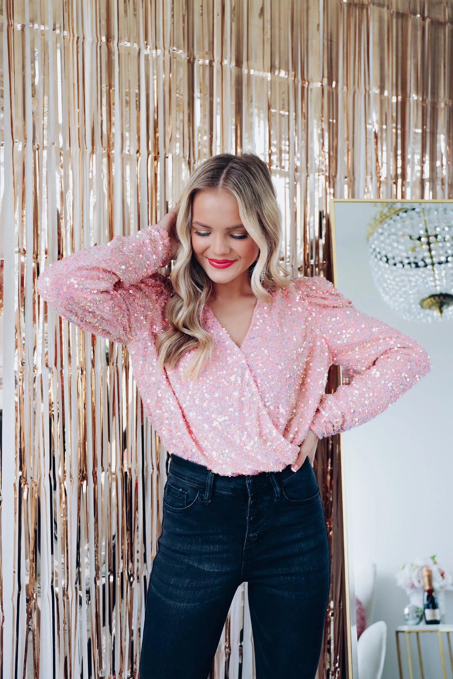 Shimmer N Shine Sequin Surplice Bodysuit - Pink