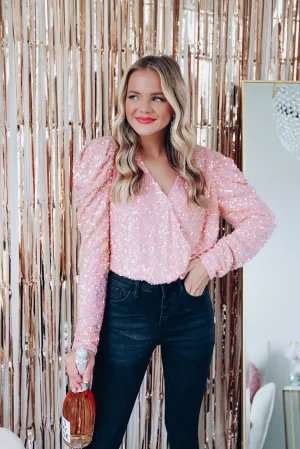 Shimmer N Shine Sequin Surplice Bodysuit - Pink