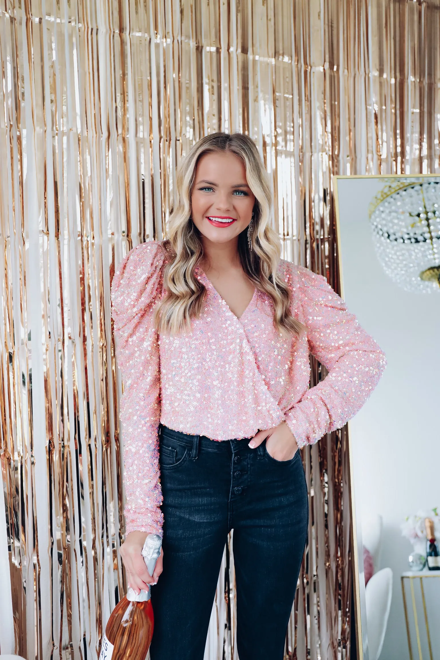 Shimmer N Shine Sequin Surplice Bodysuit - Pink