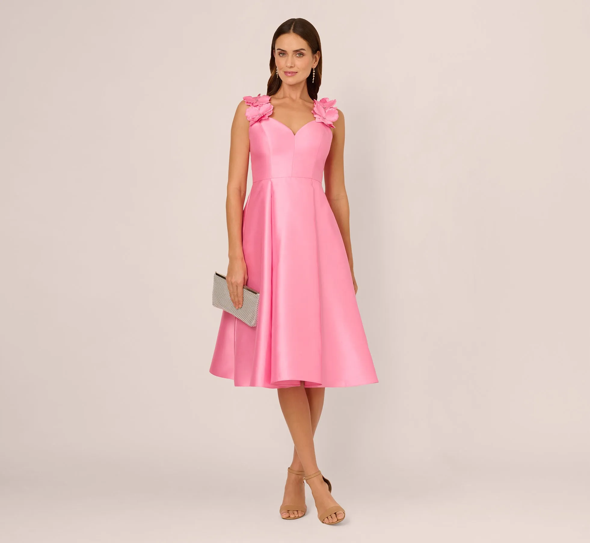 Sleeveless Mikado 3D Floral Fit And Flare Midi Dress In Cherry Blossom