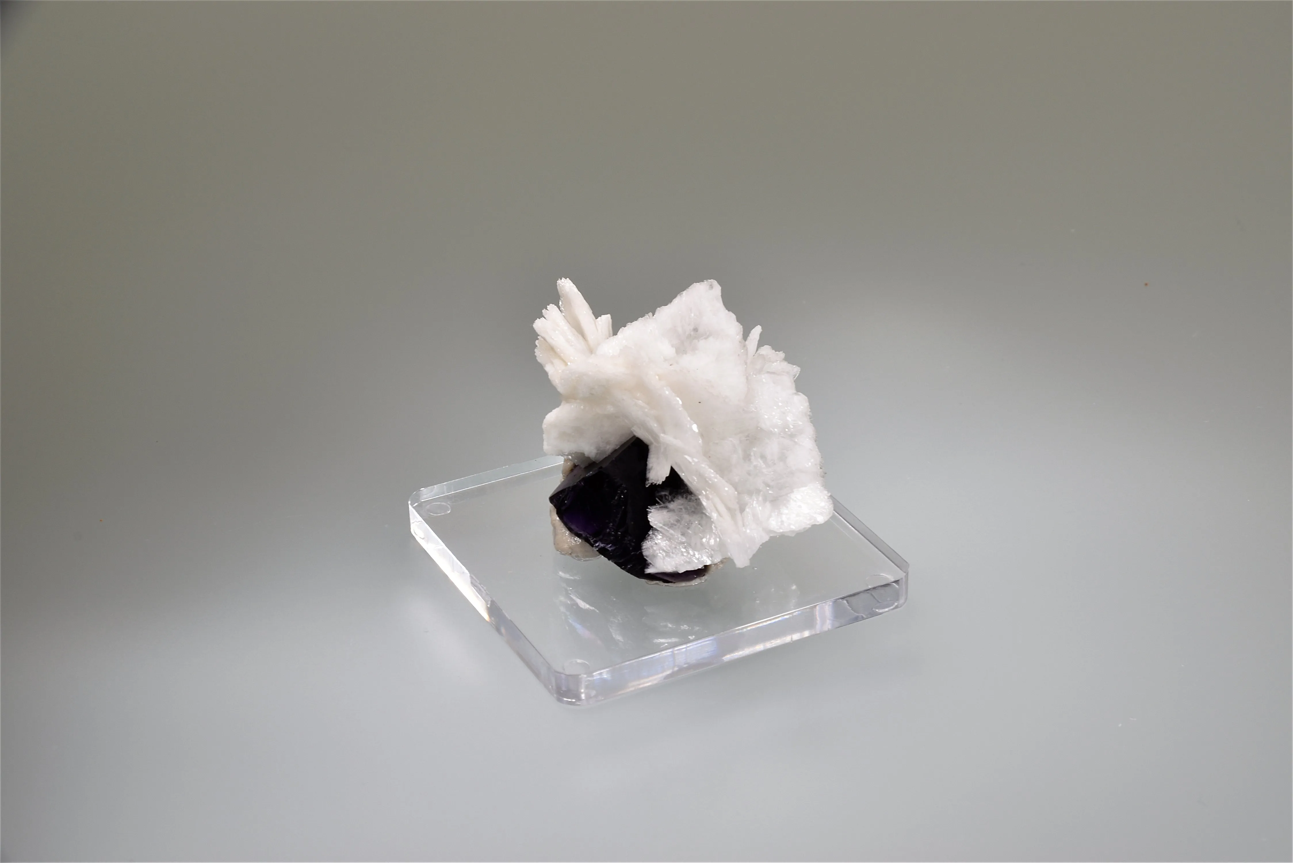 SOLD Barite on Fluorite, Sub-Rosiclare Level Annabel Lee Mine, Ozark-Mahoning Company, Harris Creek District, Southern Illinois, Mined 1987, Kalaskie Collection #466, Miniature 3.0 x 3.5 x 5.5 cm, $65.  Online 10/6.