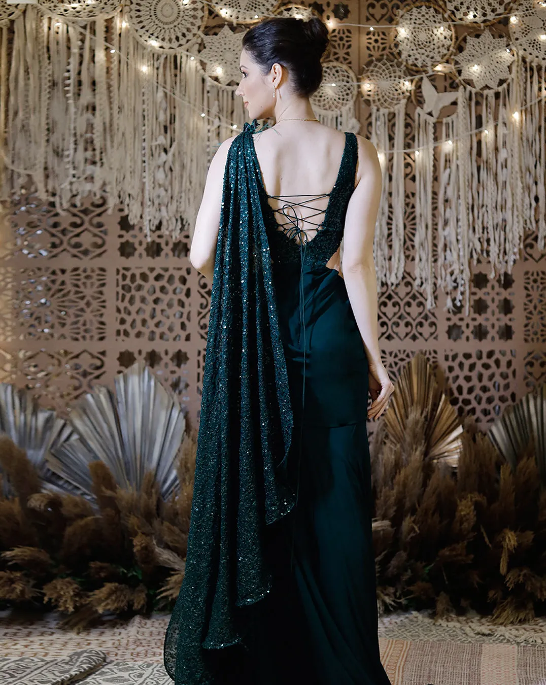 The Shimmering green gown sari