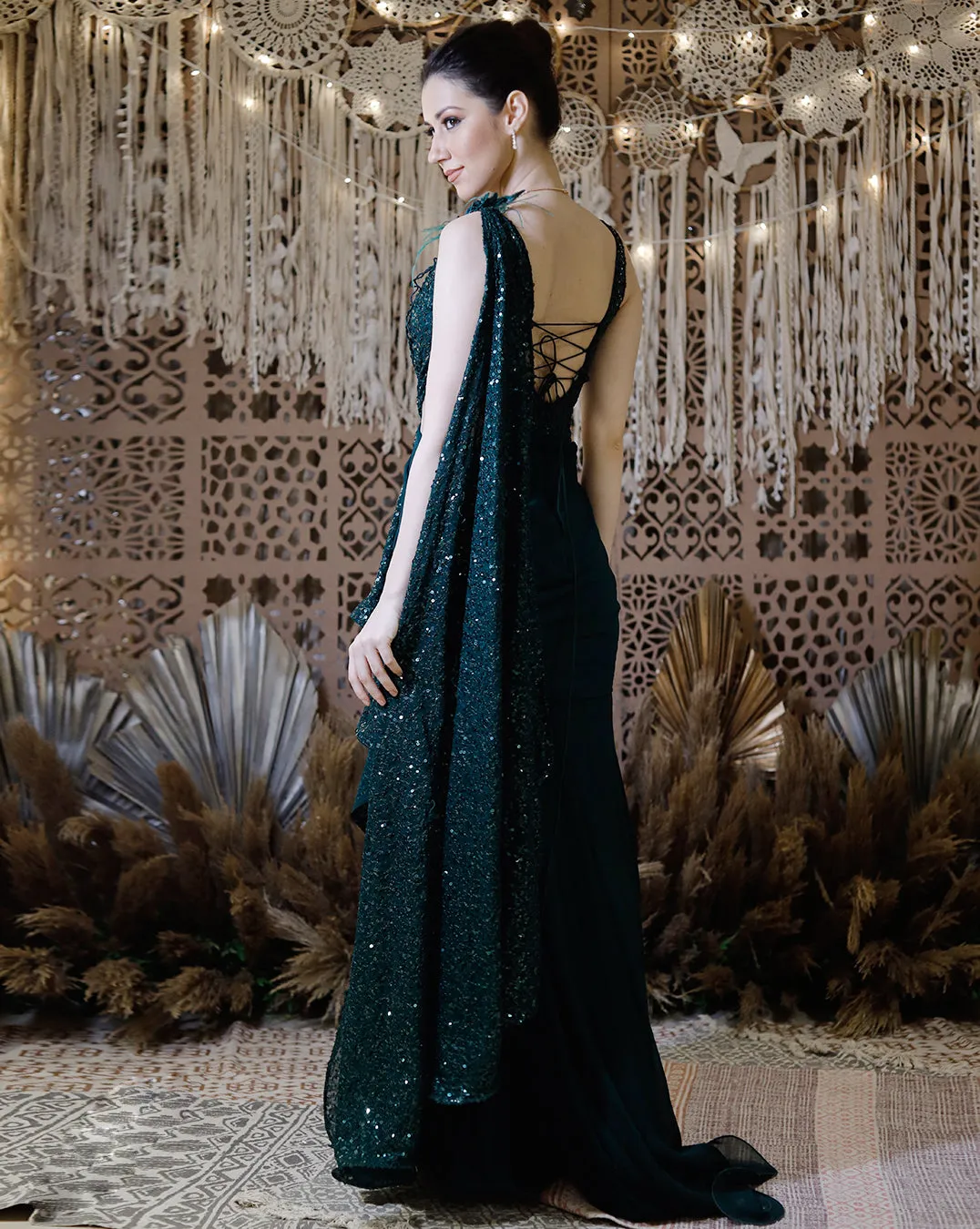 The Shimmering green gown sari