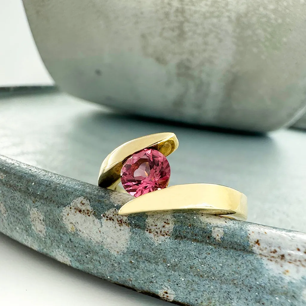 Twisted Shoulder Yellow Gold Pink Tourmaline Ring