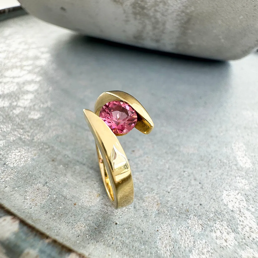 Twisted Shoulder Yellow Gold Pink Tourmaline Ring