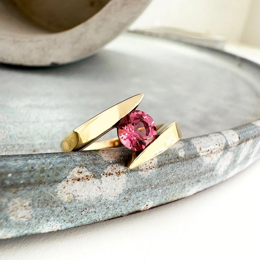 Twisted Shoulder Yellow Gold Pink Tourmaline Ring