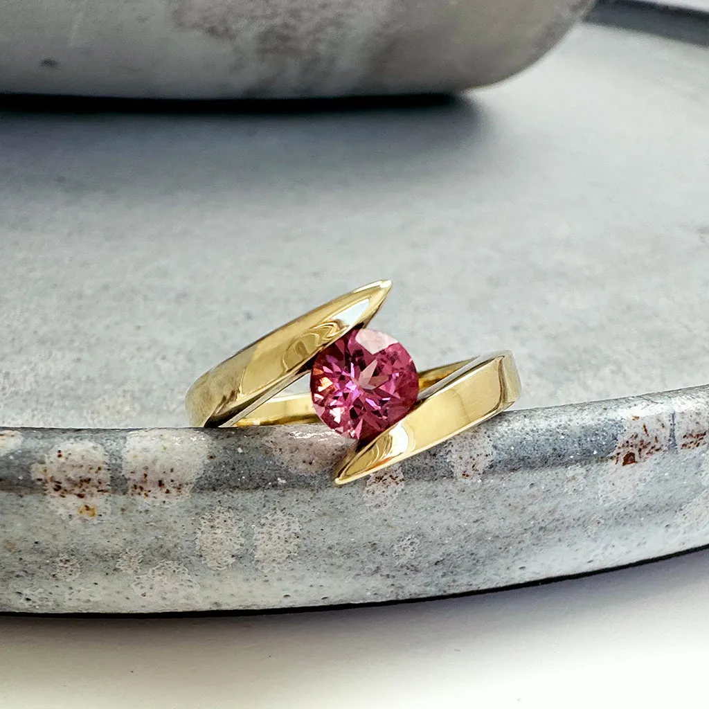 Twisted Shoulder Yellow Gold Pink Tourmaline Ring