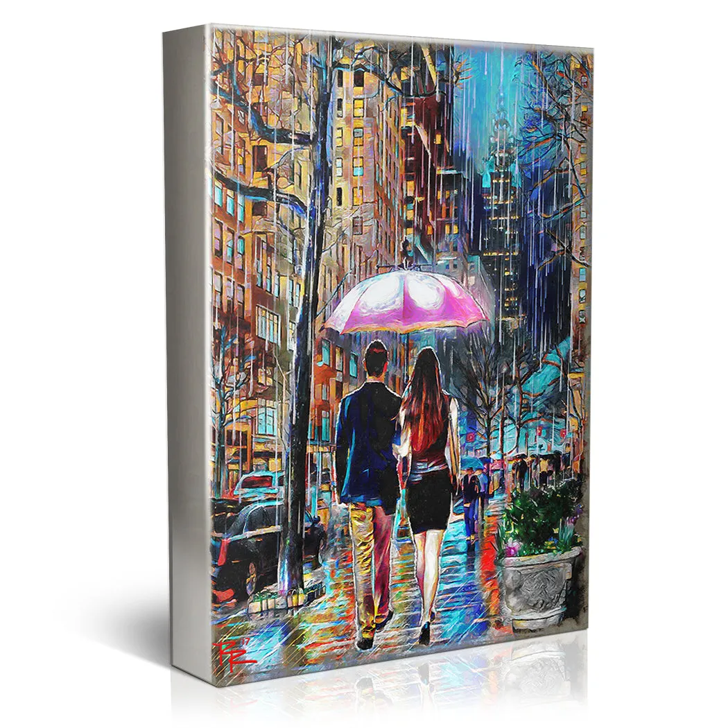 Umbrella Couple Art, Rainy Day Painting, Romantic Walk in the Rain