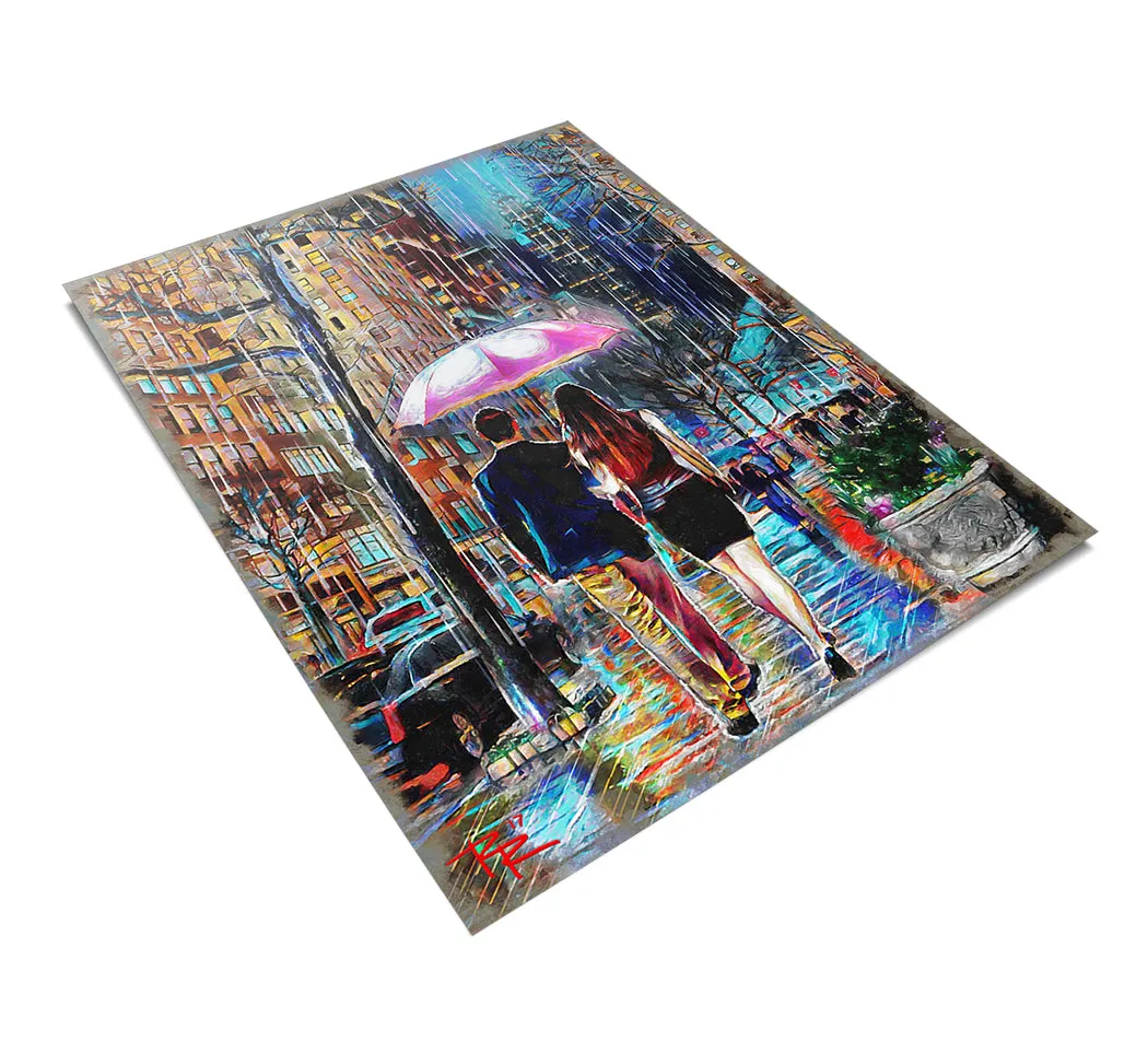 Umbrella Couple Art, Rainy Day Painting, Romantic Walk in the Rain