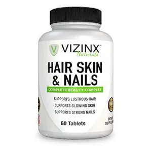VIZINX Hair Skin & Nails 60 Tablets- This Beauty Complex Supports Lustrous Hair, Glowing Skin & Strong Nails. Includes 5000 mcg Biotin, Hydrolyzed Collagen, Silica, Hyaluronic Acid and More