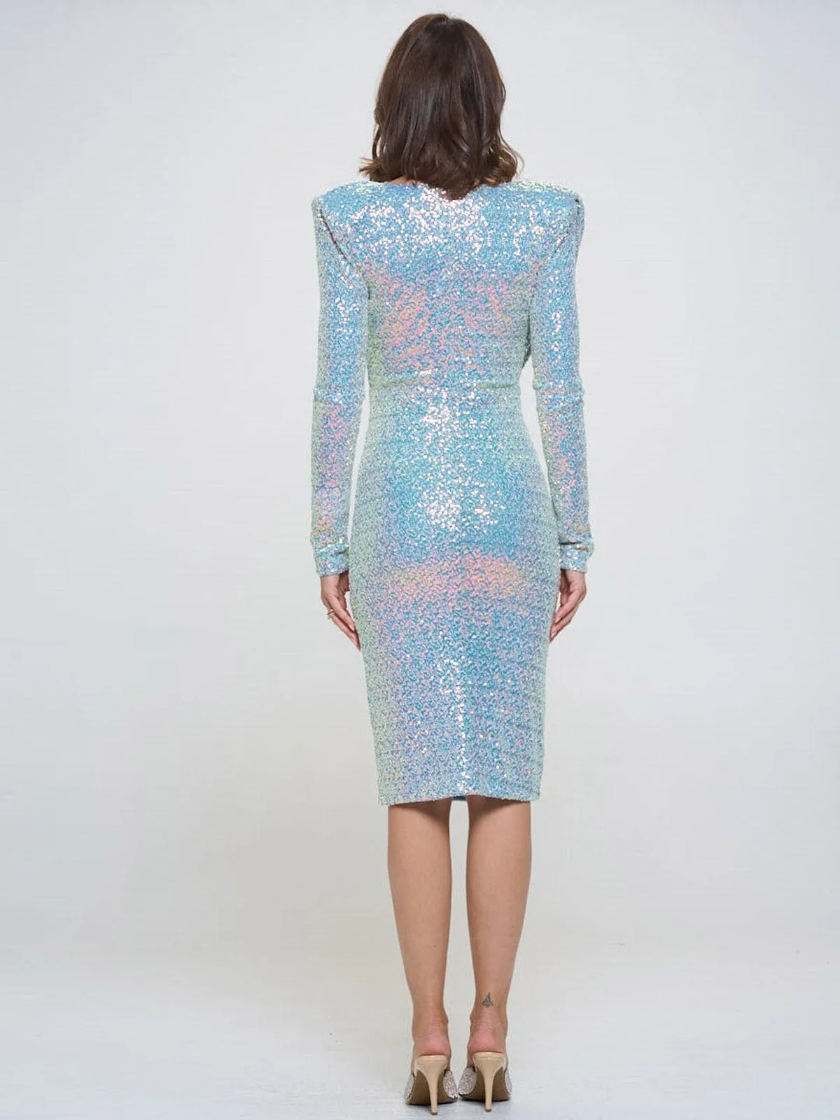 WOMEN'S LONG SLEEVE V-NECK SHOULDER PADS BODYCON SEQUINS MIDI DRESS